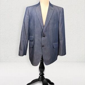 Tommy Hilfiger Chambray Blazer‎ Men 44R Blue 2 Button Lined Double Vented Cotton